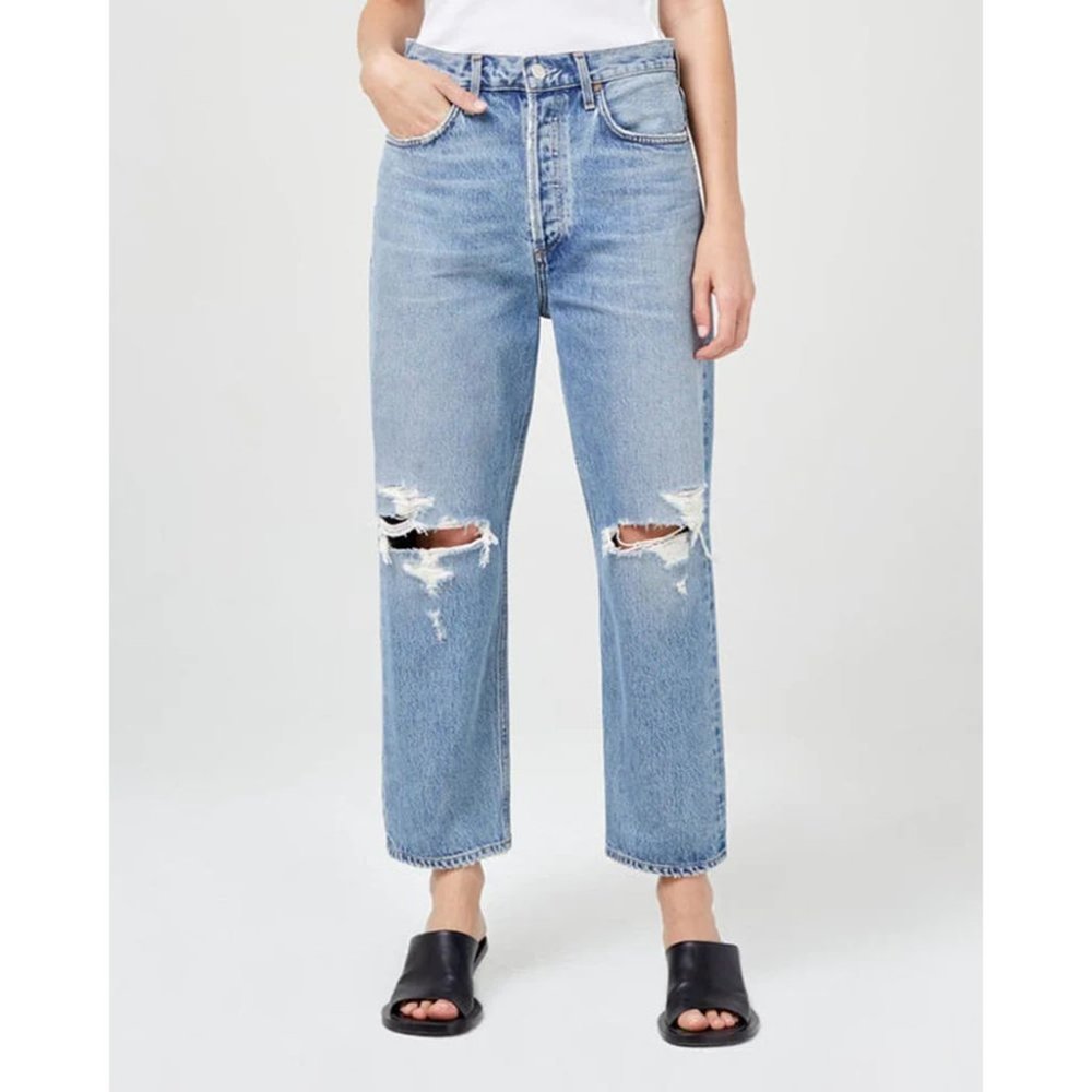Agolde Light Blue Straight Leg Distressed Jeans